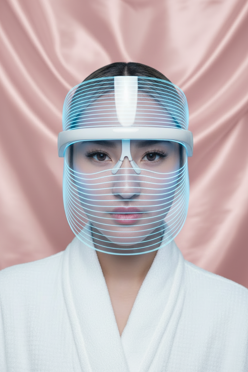 Modelo LED Mask Cian Fondo Rosa GLOW VERA
