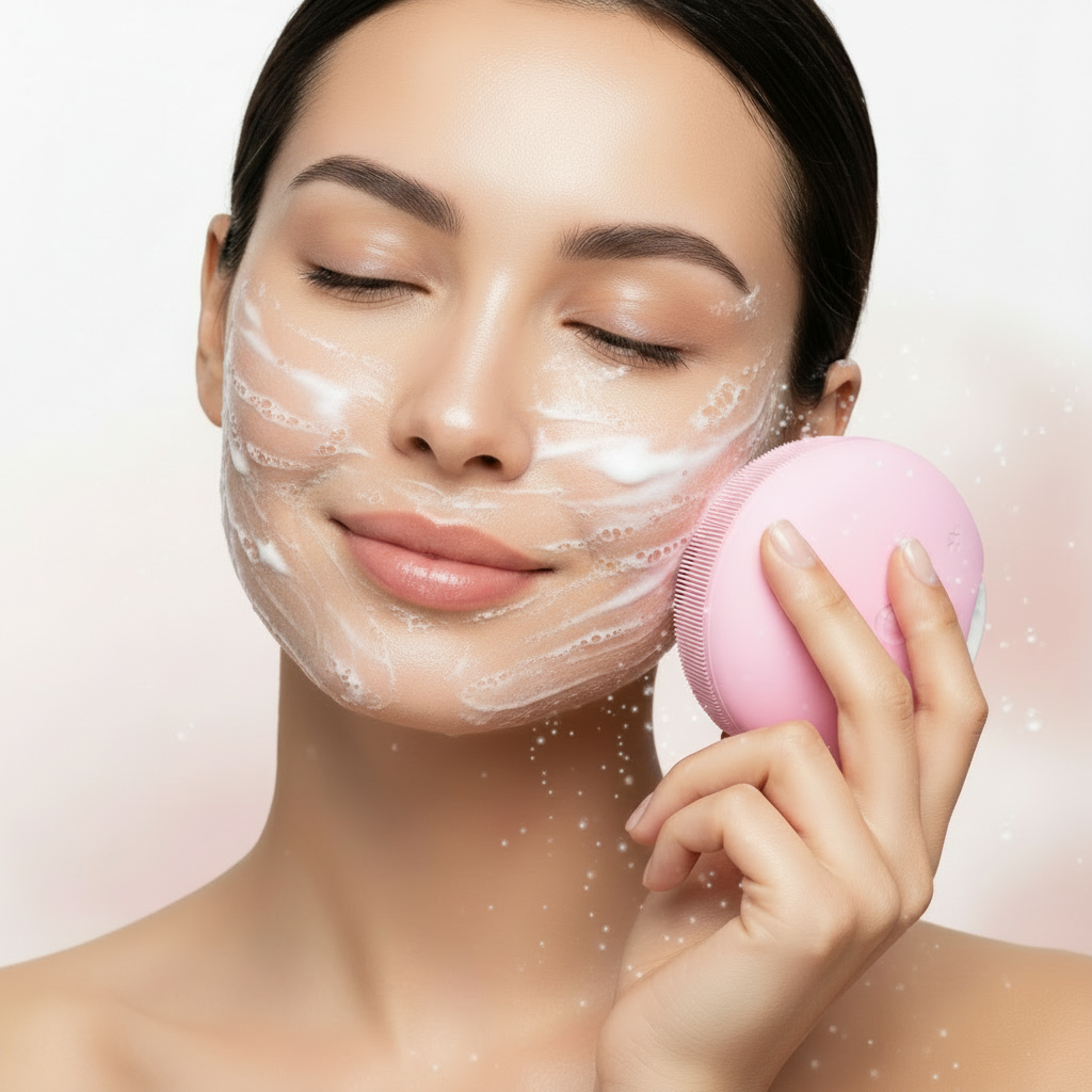 Mujer con exfoliante bien esparcido usando cepillo facial
